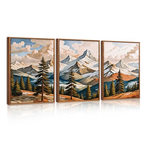 Image of HPNIUB Large Woodcut Style Mountains Framed Canvas Wall Art,Vintage Pine Trees Wall Decor,Boho Natural Snow Ridge Artwork,Modern Woodland Landscape Art Print for Living Room,Bedroom,Office 30x40cm