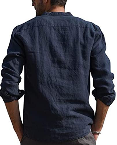 PADOLA Hombre Camisas Lino T-Shirt Suelta Manga Larga Casual Top Color Sólido Camisa de Verano Regular Fit Respirable Henley Camisas Casual (Azul Oscuro L)