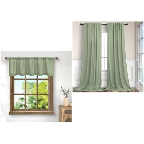 Pitalk 18 Inch Light Sage Linen Sheer Valance for Window and 84 Inch Light Sage Linen Back Tab Curtains Bundle for Living Room Bedroom Farmhouse Decor Cover