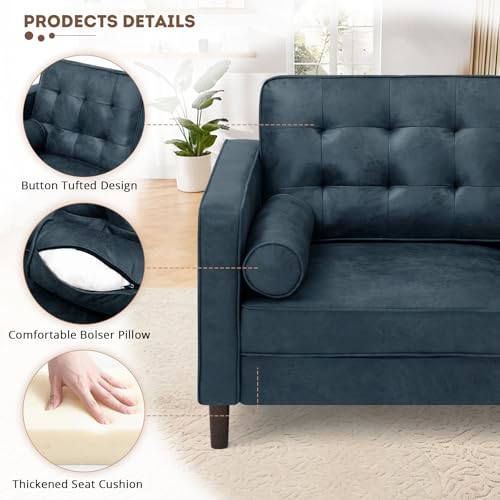 Image of 84 inch Suede Leather Sofa with 2 Soft Pillows, Blue | Tufted Modern Sofa with Sturdy Wooden Legs, 3 Seats Couch for Living Room, Office, Bedroom