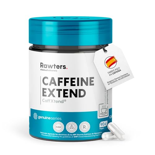 Cafeína Liberación Lenta | 90 Cápsulas Cafeína CaffXtend® Pura Suplemento Natural Efecto Prolongado, 200mg Dosis | Ideal Preentreno y Concentración Estudiar | RAWTERS.