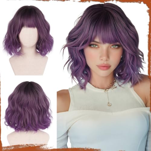 SOFEIYAN Short Wavy Black Omber Purple Wig - 12 Inch Bob Wig with Bangs for Women Curly Shoulder Length Bob Wig with Bangs Soft Synthetic Hair Wigs for Girls Daily Party Use