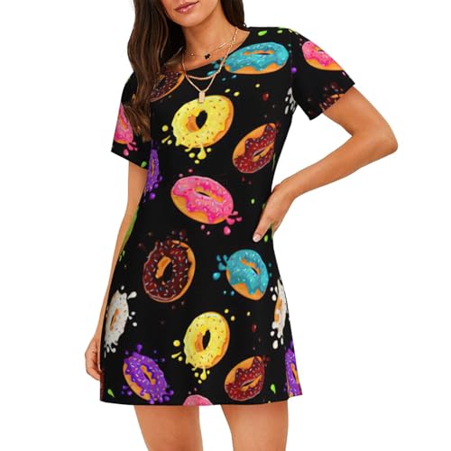 Chemise de nuit légère pour femme en coton avec imprimé donut et manches courtes