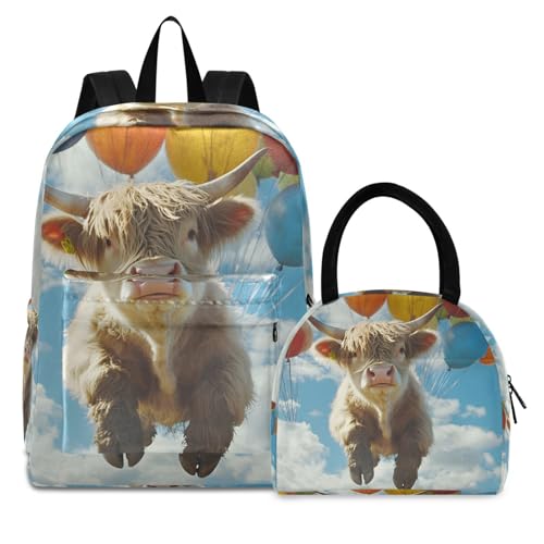 Flying Cow Print Backpack Set with Lunch Bag, Large Capacity Travel Backpacks and Lunch Box Insulated for Commute Hiking Picnic
