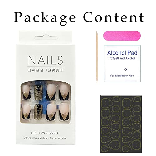 Acrylic Square Press On Nails Medium Length Black Fake Nails Gold Shiny Artificial False Nails With Gold Foil Designs Full Cover Artificial Stick On Nails For Women And Girls 24Pcs #TOP5