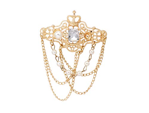 Knighthood Gold Crowned White Stone With Engraving Imitation Pearl And Hanging Chain Metal Lapel Pin Brooch For Men #TOP26