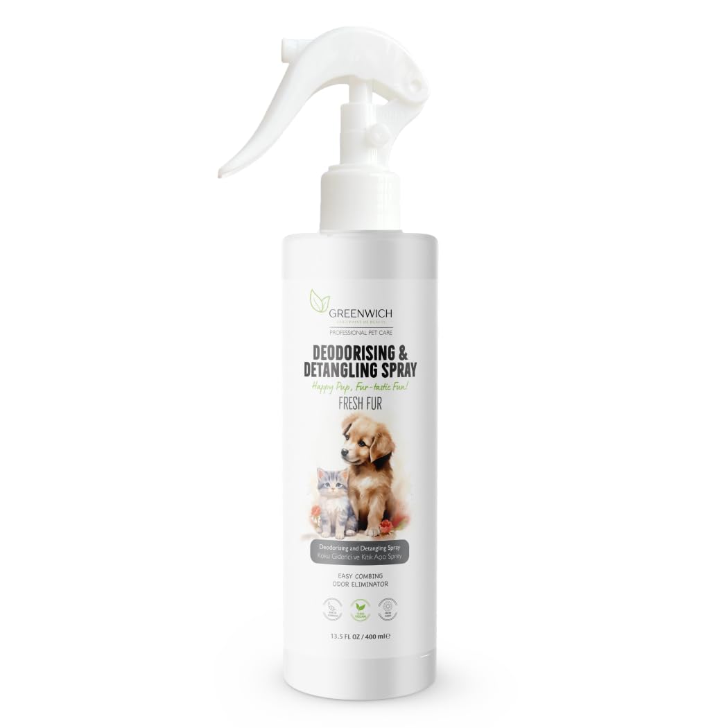 Greenwich 100% Vegan Entfilzungsspray & Deo Hunde Katzen 400 ml, Fellpflegespray, Sanfte Formel Welpen, Anti Filz Entwirrungsspray, Fellspray, pH-Wert