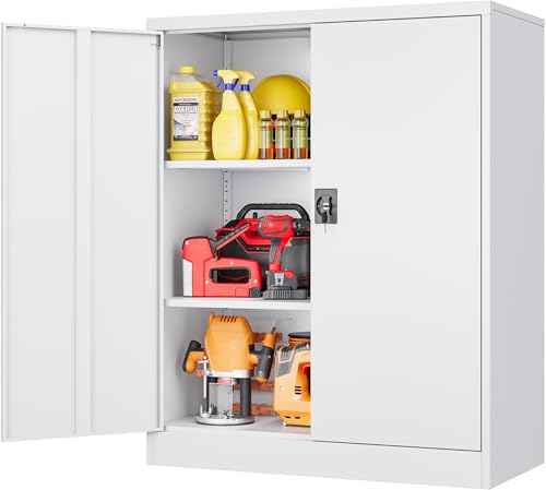 Image of SISESOL Small Metal Cabinet with Shelves,36 inch Garage Storage Cabinet with Lock,White Metal Storage Cabinets with Locking Doors,Lockable Office File Cabinets for Home,Office,Shop,Garage