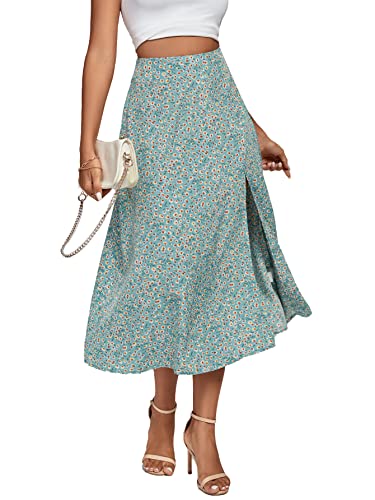 Image of LYANER Women's Casual Boho Printed High Waist Side Split Hem Zipper Midi Skirt