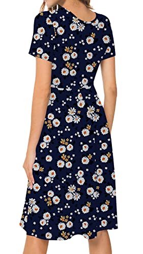 Image of DB MOON Women Summer Casual Short Sleeve Dresses Empire Waist Dress with Pockets (Navy Blue Flower, S)