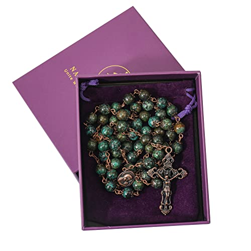 Nazareth Store Jasper Beads Antique Bronze Rosary Necklace Holy Soil Medal with Jesus Cross