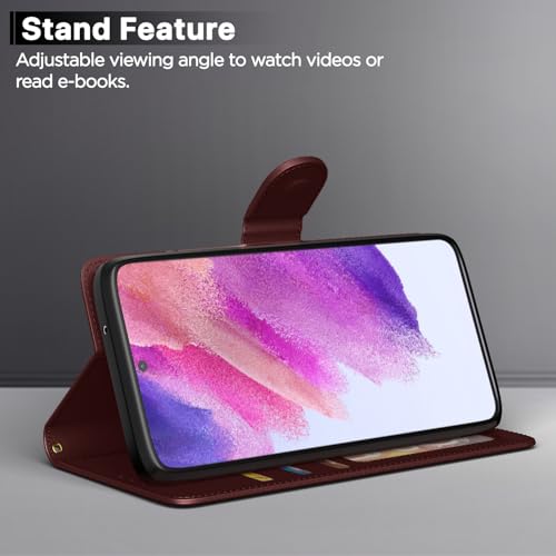 Image of Amazon Basics Flip Cover for Samsung Galaxy S21 FE 5G Leather Finish | Wallet Stand and Shock Proof | Inside TPU with Card Pockets | Complete Protection Flip Case (Brown)