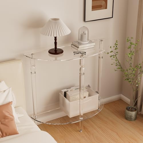 TRANSFURNI Acrylic Console Table Half Moon Entryway Table Narrow Side Table End Table Sofa Table 31.5L x 11.8W x 31.8H inch Thickened 0.59 inch