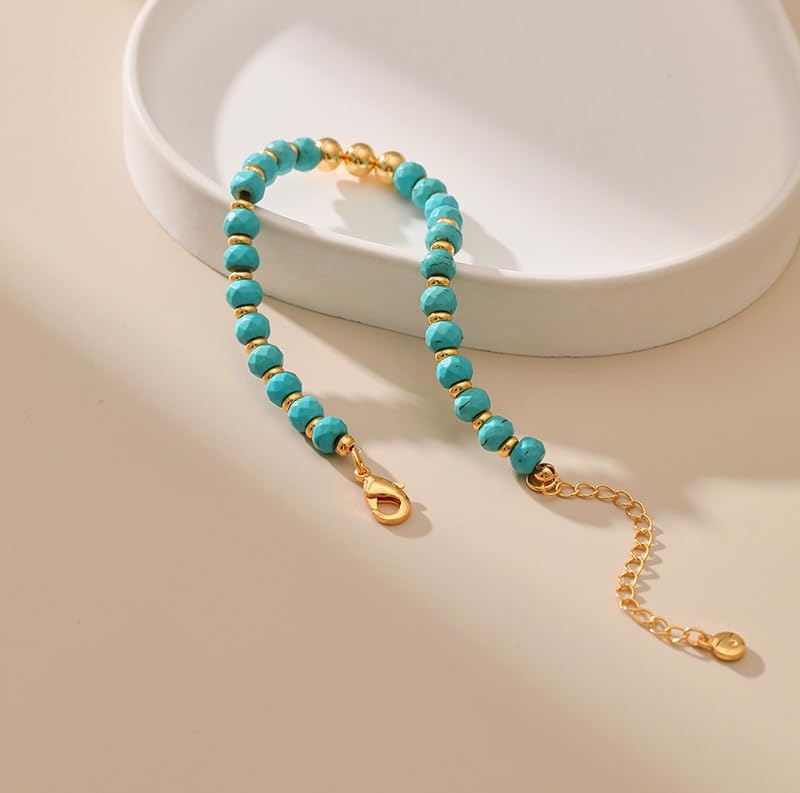 Gold Round Turquoise Beaded Bracelets18K Gold Plated Handmade Cute Bracelet for Women - Image 5