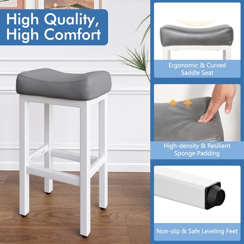 Image of 29 Inch Bar Height Bar Stools Set of 2, 29 inch Barstools for Kitchen Island Counter, Backless Bonded Leather Bar Height Stools with Thick Saddle Seats & Heavy Duty Metal Base, Easy Assembly, Gray /White