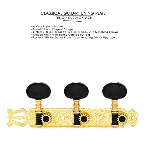 DJ204GK-A2B TENOR Classical Guitar Tuners, Tuning Key Pegs/Machine Heads for Classical or Flamenco Guitar in Gold Plated Finishing with Ebony colored Buttons.