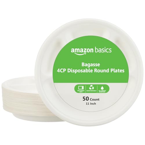 Image of Amazon Basics 4-Compartment Bagasse Disposable Round Plates | 11 Inch - Pack of 50 | Biodegradable | Leak-Resistant | Hot & Cold Food Safe | Eco-Friendly | Party, Weddings, Birthdays, Events