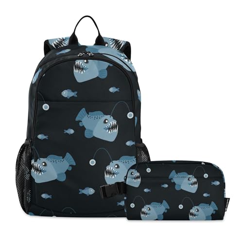 Angler Fish Backpack with Lunch Bag, School Travel Backpack for Boys Girls Kids Backpacks Set
