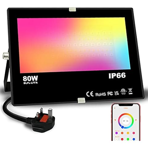 Bhochy LED Floodlight Outdoor 800W Equivalent 8000LM, Smart RGB Flood Lights with APP, Colour Changing - Warm White 2700K - Timing - Scene - IP66 Waterproof, UK Plug, 1 Pack Cover