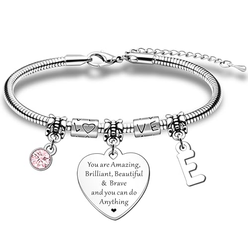 HULALA Initial Bracelet Inspirational Gifts For Women Teenage Girl Adjustable Alphabet Letter Heart Charm Bracelets Motivational Jewellery Gifts For Best Friend Daughter Sister Birthday Christmas (E)