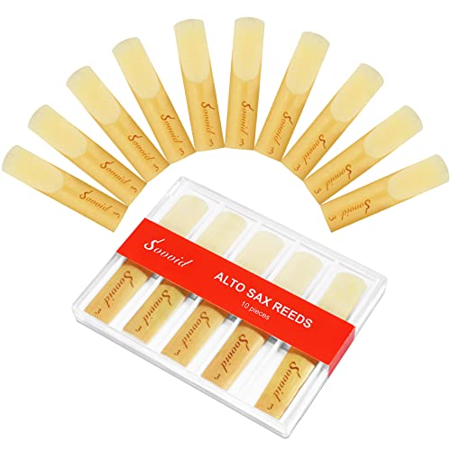 Image of 10 Pack Professional Alto Saxophone Reeds with Plastic Box, Strength 3.0 Alto Sax Reeds, Laser Engraved Marking & Thinner Reed Tip for Easy of Play, Traditional Reeds for Saxophone Alto