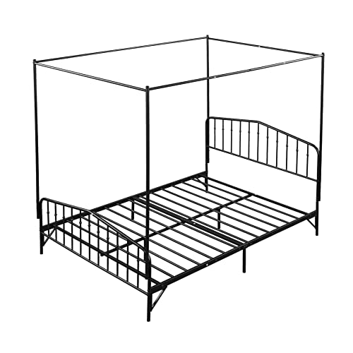 Rophefx Queen Size Metal Platform Bed Frame With Detachable Canopy, Queen Anti-Noise Metal Canopy Bed, No Box Spring Needed, Fast Assemble Design, Black #TOP23