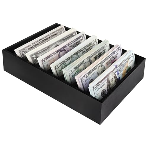 Mczxon Money Organizer for Cash, 8 Compartment Wooden Cash Divider Storage Organizer Money Tray Holder Box Case Container, Currency Dollar Tray Organizer Box Bill Storage Holder Case, Black