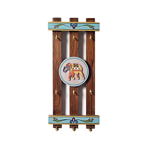 Image of AAKRITI ART CREATIONS Key Holder, Happy Elephants Stripped Key Hangers | Rustic Teak Wood Wall Organizer with 6 Hooks | New Home Gifts | Multifunctional Entryway Decor Item