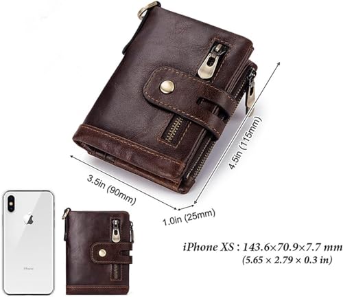 Leather Mens Wallet With Chain Genuine Leather Purse RFID Blocking Bifold Double Zipper Coin Pocket With Anti-Theft Chain Multifunctional Card Holder Minimalist Purse Zipper Coin Pocket With ID Window4