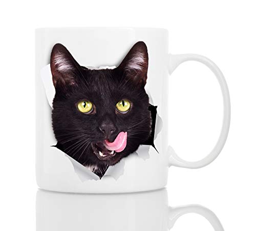 Thirsty Black Cat Coffee Mug - Ceramic Funny Coffee Mug - Perfect Cat Lover Gift - Cute Novelty Coffee Mug Present - Great Birthday or Christmas Surprise for Friend or Coworker, Men and Women (11oz)