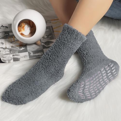 Image of Toes Home Fuzzy Slipper Socks for Women Thick Winter Fluffy Socks Womens Cozy Warm Plush Hospital Socks Non Slip 5 /6 Pairs