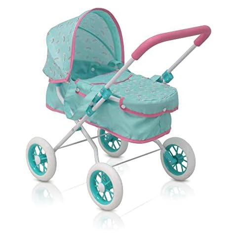KOOKAMUNGA KIDS Baby Doll Stroller - Realistic 2 in 1 Baby Stroller for Dolls w/ Detachable Bassinet - Doll Pram w/ Carry Cot, Retractable Canopy & Soft Grip Handle - Dolls up to 18" - Blue Rainbow Cover