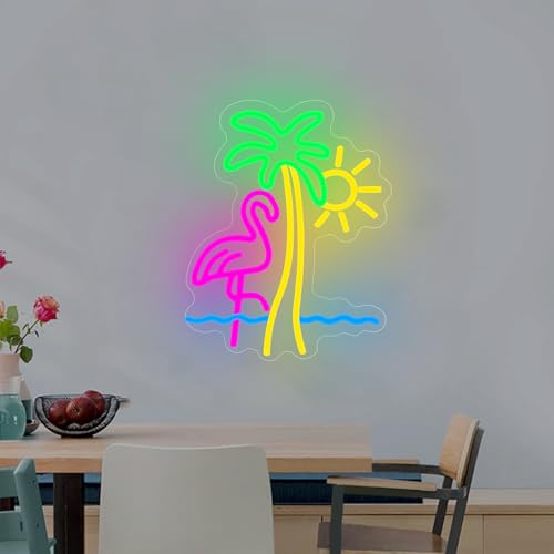Image of Flamingo Sun Palm Tree Neon Sign for Wall Decor Flamingo Led Neon Lights Sun Wave Neon Signs Dimmable for for Bedroom Living Room Man Cave Bar Club