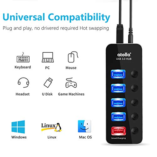 Powered Usb Hub, Atolla Aluminum 5-Port Usb 3.0 Hub With 4 Usb 3.0 Data Ports And 1 Usb Smart Charging Port, Usb Splitter With 5V/3A Power Adapter And Individual Switches #TOP4
