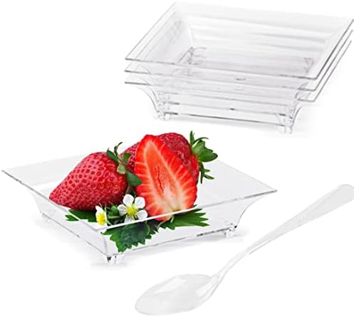 TOFLEN 100ct 1 oz Mini Dessert Plates with Tasting Spoons - Reusable Clear Plastic Square Party Serving Trays Mini Plates for Appetizers, Chocolates, Ice Cream, Fruit and More