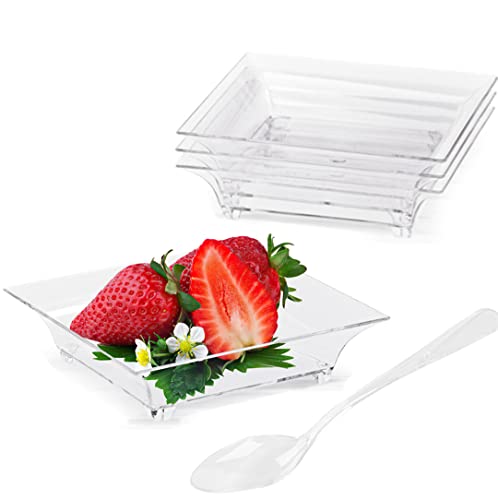 TOFLEN 100ct Mini Dessert Plates with Tasting Spoons 2.5 Inch Small Reusable Clear Plastic Square Party Serving Hors Doeuvres Plates for Appetizers (Square)