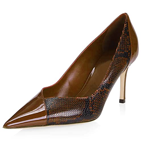 LEHOOR Women Snakeskin Stiletto High Heels Closed Pointed Toe Pumps Patchwork Cap Toe Slip on Stilettos Sandals 3 Inch Patent Sexy Thin High Heels Snake Print Party Dressy Wedding 4-11 M US