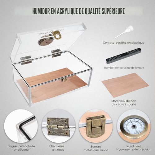Pot/étui/boîte pour humidificateur à cigares en acrylique Scotte avec humidificateur et hygromètre, humidificateur pouvant contenir environ 20 cigares (clair-1) – vue 2