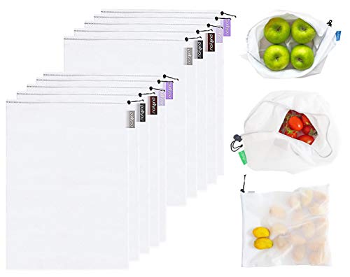 purifyou Set of 10 Reusable Mesh Produce Bags, Heavy Duty, Washable, Farmers Market Bag for Fruits, Vegetables, Groceries, Kitchen Storage, Home Organizer (12x20in)