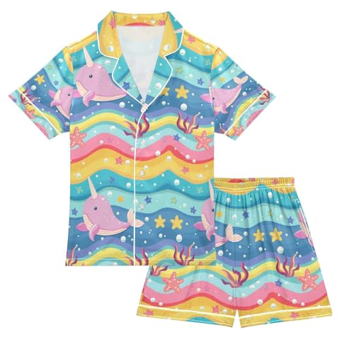 senya Rainbow Wave Whale Satin Summer Pajama Sets Silk Short Sleeve Button Down Sleepwear