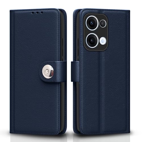 Image of Pikkme Flip Cover Leather Finish | Inside TPU with Card Pockets | Wallet Stand and Shock Proof | Complete Protection Button Flip Case for Oppo Reno 13 5G(Blue)