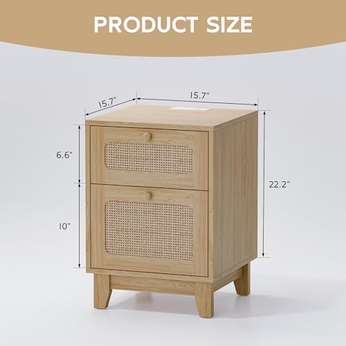 Modern Rattan Nightstand Set of 2, Wicker Rattan Stand with Drawer and Charge Station, Wooden Bedside Table for Small Spaces, Natural Wood Side Table for Bedroom (with Charging Station, 2) - Image 2