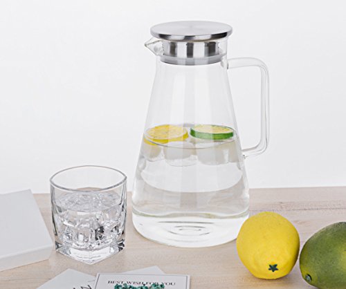 Purefold 68 Ounces Glass Pitcher with Lid, Hot/Cold Water Carafe with Handle, Home Kitchen Juice and Iced Tea Beverage Pitcher