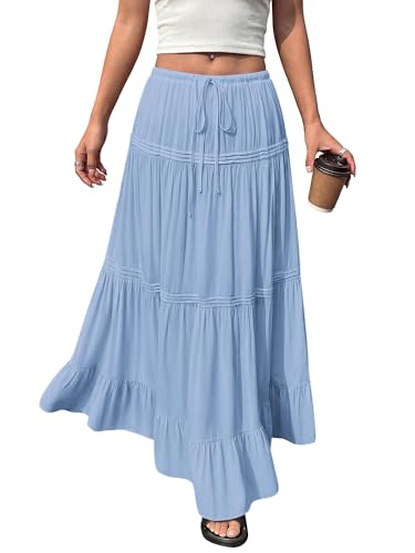 BTFBM Spring Skirts for Women 2026 Summer Boho Beach Vacation Clothes Casual Pleated High Waisted Flowy Maxi Skirt(Blue, Medium)