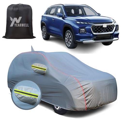 Image of Car Body Cover for Maruti Grand Vitara, 100% Waterproof, Heat-Resistant with Mirror & Antenna Pockets, Soft Cotton Lining, Triple Stitched, Green Reflector (Metallic Grey)