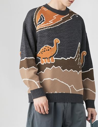 Image of Arssm Mens Oversized Dinosaur Sweater Knit Crewneck Vintage Tops | Unisex Cartoon Sweater, Pullover, Long Sleeve, Cozy Sweater