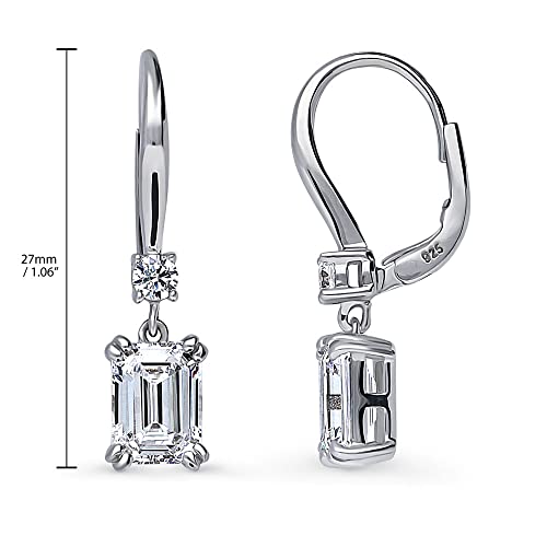 BERRICLE Sterling Silver Solitaire Leverback Drop Dangle Earrings for Women, 3.4 Carat Emerald Cut Cubic Zirconia CZ by BERRICLE - Image 3
