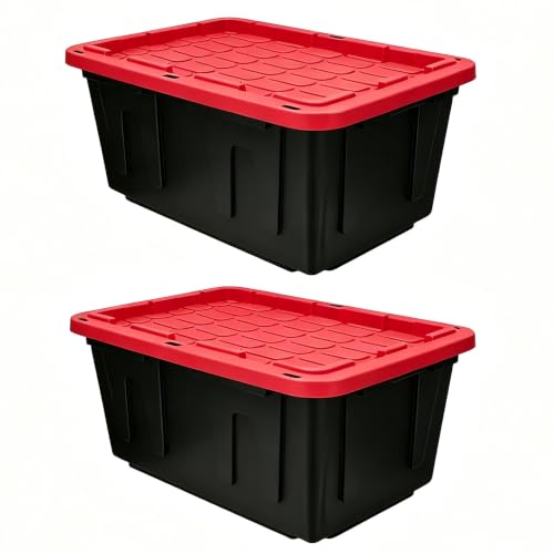 Image of 27 Gallon Heavy Duty Plastic Storage Bins with Lids, Black & Red (2) | Stackable large capacity plastic totes ideal for garage storage, household organization and moving supplies storage