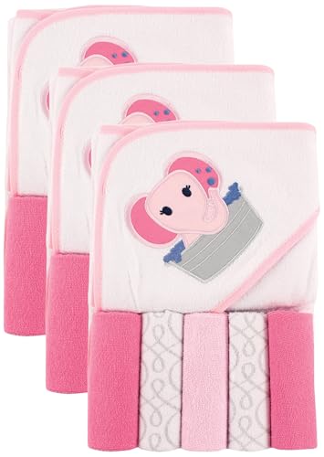 Image of Luvable Friends Unisex Baby Hooded Towel with Five Washcloths, Pink Elephant, One Size (Pack of 3)
