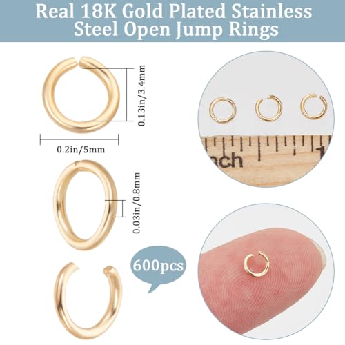 Beebeecraft 1 Box 600Pcs Open Jump Rings 18K Gold Plated Stainless Steel 5mm Split Rings Single Loop Jump Rings for Jewellery Making - Image 2